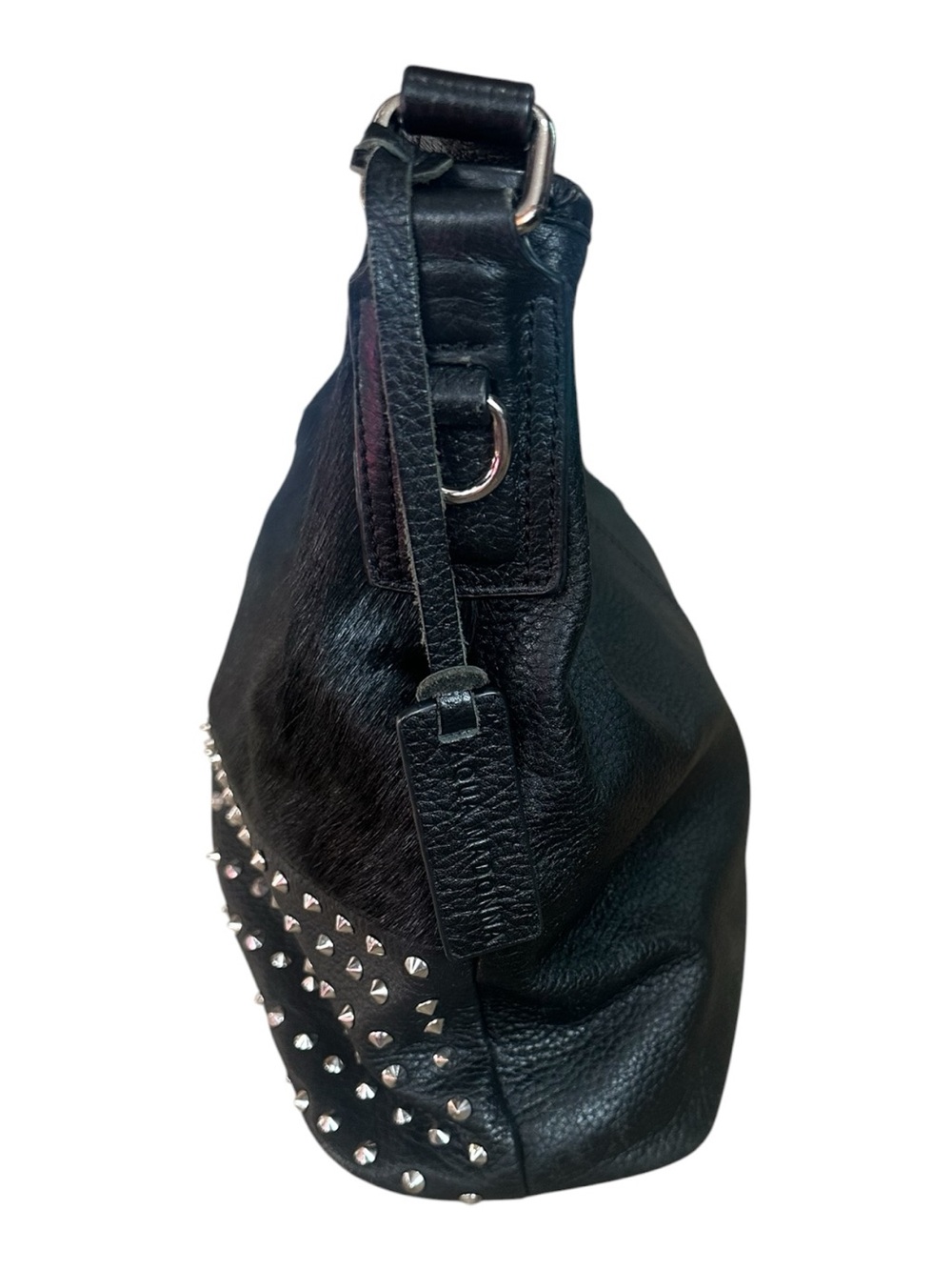 Aqua Madonna Calf Hair Stud Detail Black Leather Hobo Bag Purse - Picture 5 of 10